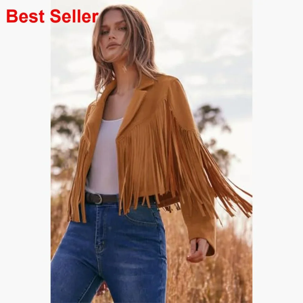 Faux Suede Fringe Cropped Jacket with Tassel Design - Picture 3 of 7